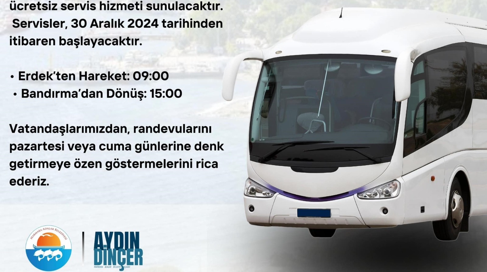 ADALAR VATANDAŞLARINA ERDEK'TEN BANDIRMA'YA ÜCRETSİZ HASTANE SERVİSİ
