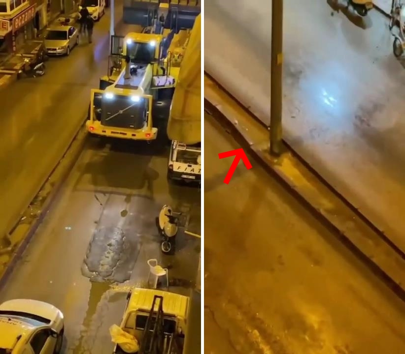 İŞ MAKİNESİ HÜKÜMET CADDESİ'NDE ORTA REFÜJE ZARAR VERDİ